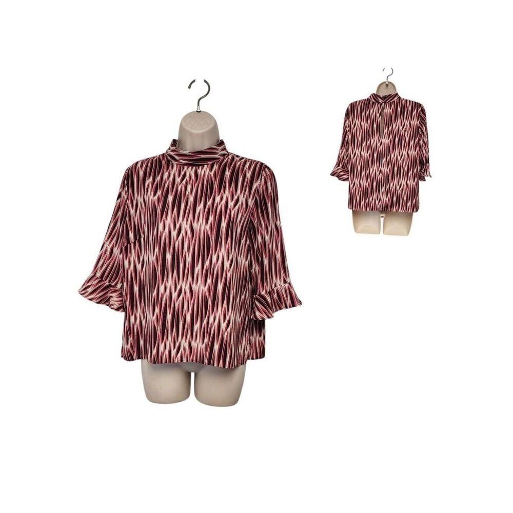 14th & Union Blouse Mock Neck 3/4 Sleeve Size M Multicolor Red/Cream